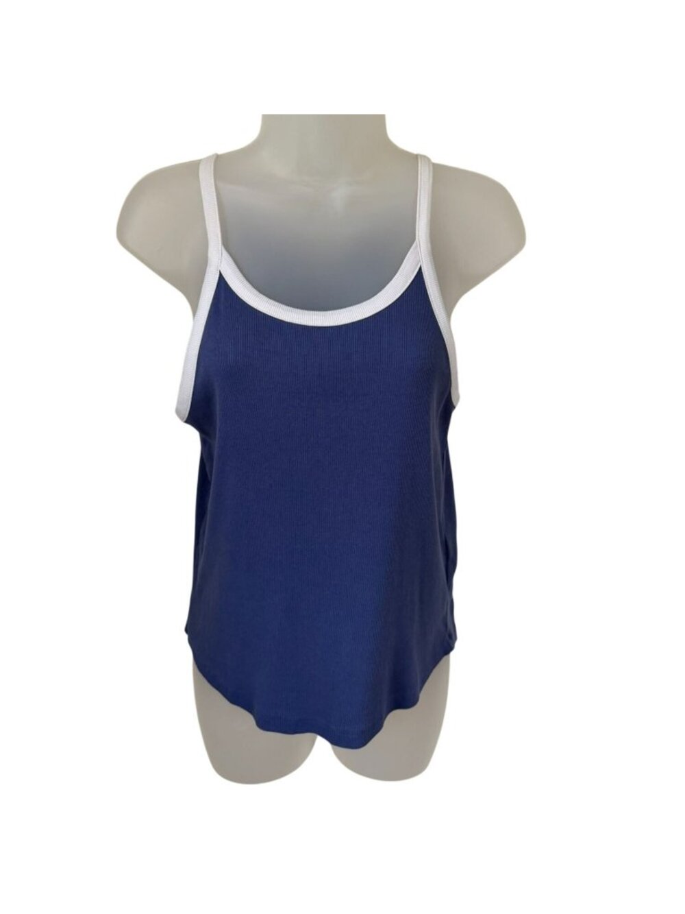 Madewell Womens Blue Tank Top With White Trim Ribbed Cotton Blend Sleeveless Siz - Picture 1 of 9